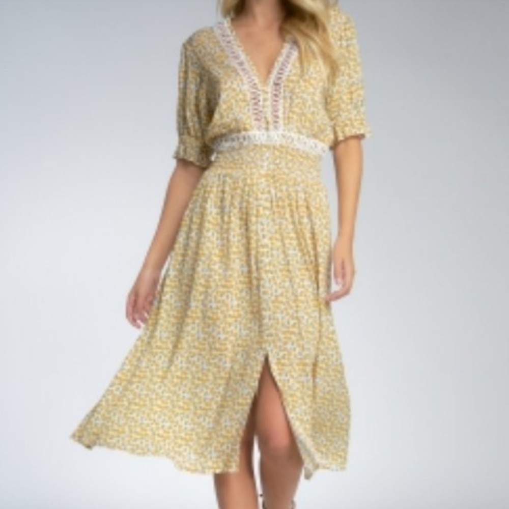 Elan Daisy Yellow Floral Crochet Trim Midi Dress Cottagecore Boho Smocked Small - Picture 7 of 12